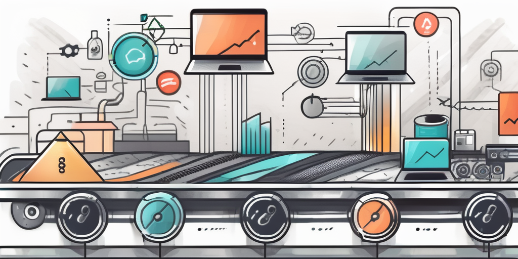 A conveyor belt with different software icons moving along it