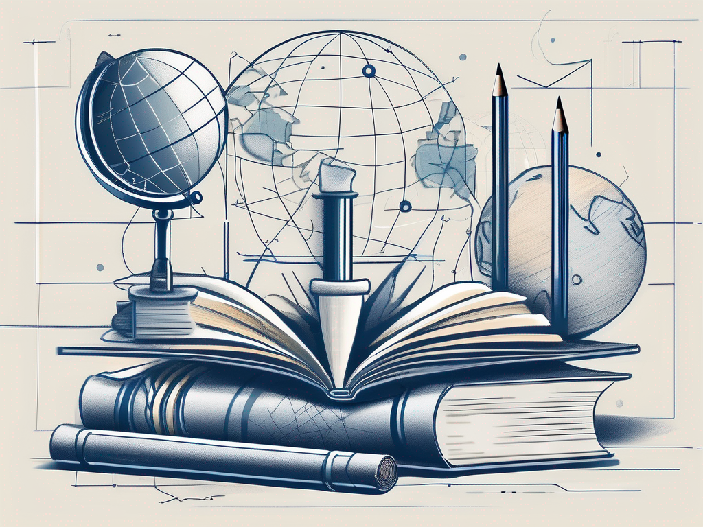 A detailed blueprint featuring various educational symbols like books