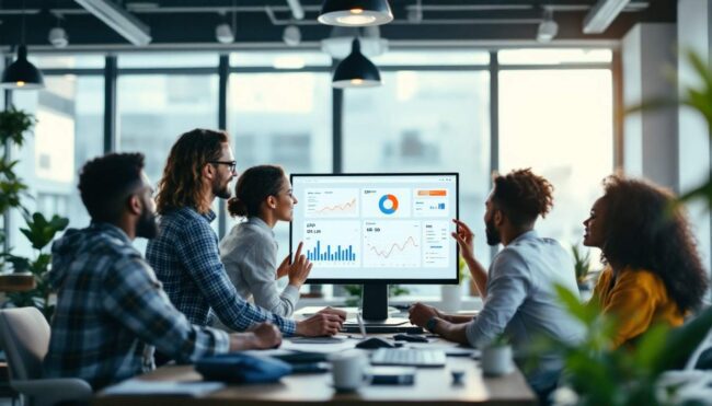 A photograph of a diverse team of professionals collaborating around a computer screen displaying an erp software dashboard