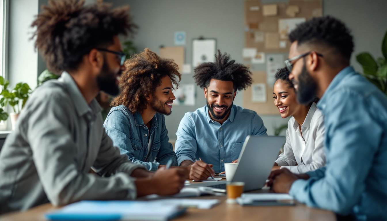 A photograph of a diverse group of professionals collaborating around a table